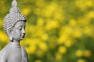 Buddha Statue With Field of Yellow Flowers in Background