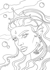 Coloring pages with mermaid. Line art design for adults or children coloring in doodle style.