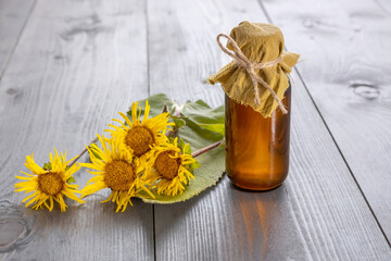 a bottle of homemade tincture of elecampane and flowers on a wooden background