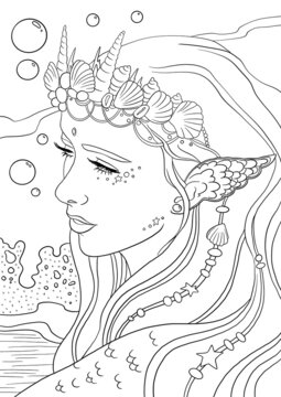 Coloring pages with mermaid. Line art design for adults or children coloring in doodle style.