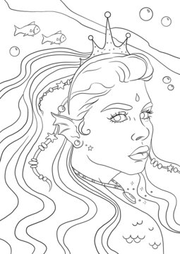 Coloring pages with mermaid. Line art design for adults or children coloring in doodle style.