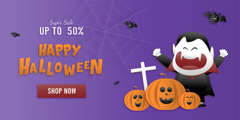Online shopping Halloween Sale Promotion banner with cutest pumpkins, bats, and ghosts in night clouds on violet background. Paper cut and papercraft style, Vector illustration.