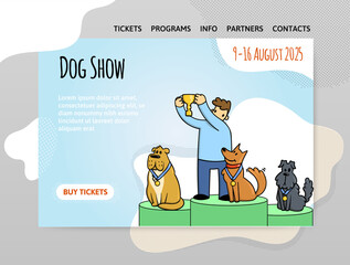 Design template for dog show, exhibition or dog training courses. Dogs with the owner on the podium. Vector illustration for website header, banner or poster.