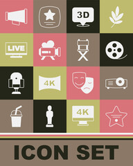 Set Walk of fame star, Movie, film, media projector, Film reel, 3D word, Retro cinema camera, Live stream, Megaphone and Director movie chair icon. Vector
