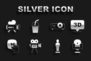 Set Retro cinema camera, 3D word, Director movie chair, Movie trophy, Online play video, Movie, film, media projector, and Paper glass with water icon. Vector