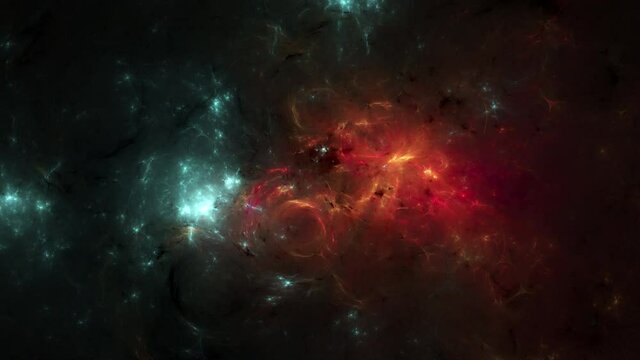 Abstract fractal art loop background suggestive of a supernova or fiery storm in a nebula.