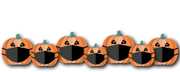 Happy Halloween with pumpkins and surgical mask on a white background, Halloween illustration for web, poster, flyers, ad, promotions, blogs, social media, marketing, greeting card, paper cut style.