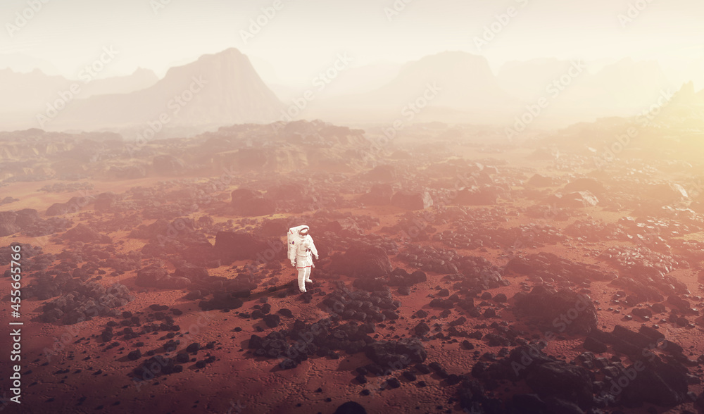 Poster astronaut doing space walk and explore planet such as mars.
