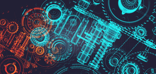 Blueprint project of engine design with gears