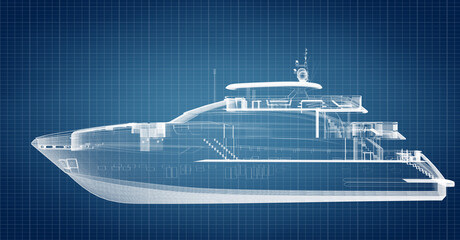 Blueprint technical design of motor yacht - obrazy, fototapety, plakaty