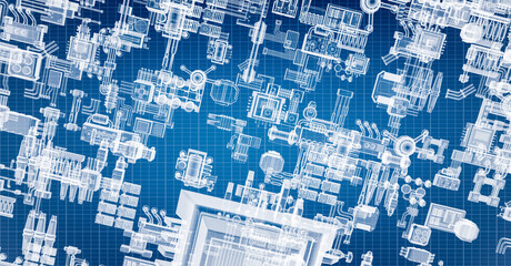 Blueprint project of engine design with gears