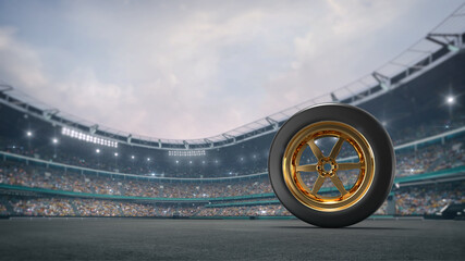 Asphalt ground and car tyre with stadium bulding background. Digital 3D illustration for sport advertisement. © LeArchitecto