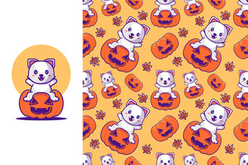 Cute cat with pumpkin happy halloween with seamless pattern