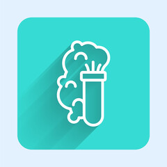 White line Chemical experiment, explosion in the flask icon isolated with long shadow. Chemical explosion in a test tube. Green square button. Vector