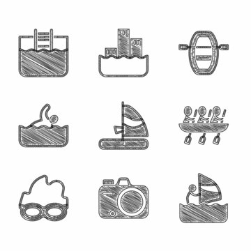 Set Windsurfing, Photo camera, Canoe rowing team sports, Glasses for swimming, Swimmer, Boat with oars and Swimming pool ladder icon. Vector