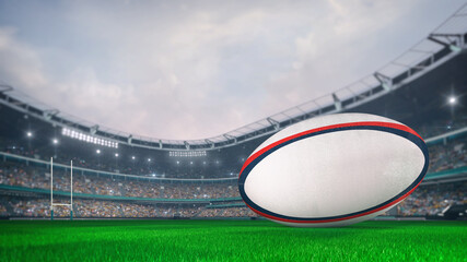 Grassy field and rugby ball with stadium bulding background. Digital 3D illustration for sport advertisement.