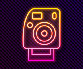 Glowing neon line Photo camera icon isolated on black background. Foto camera. Digital photography. Vector