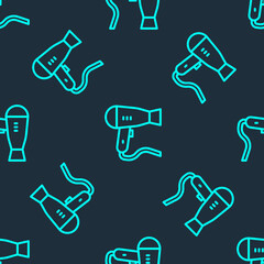 Green line Hair dryer icon isolated seamless pattern on blue background. Hairdryer sign. Hair drying symbol. Blowing hot air. Vector