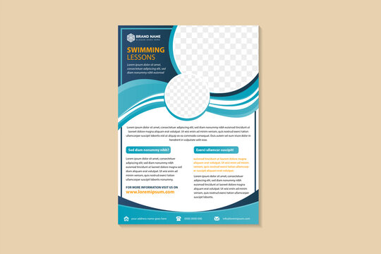 Vertical flyer for swimming lessons, creative concept for presentations and advertising, template for posting photos and text. Modern multicolored blue gradient on element banner with white background
