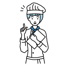 立って書類を手に持って何かひらめいた調理師の女性