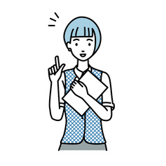 立って書類を手に持って何かひらめいた事務員制服の女性