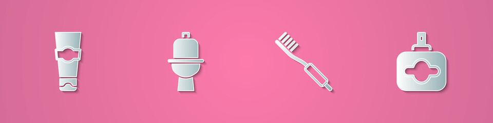 Set paper cut Tube of toothpaste, Toilet bowl, Toothbrush and Perfume icon. Paper art style. Vector