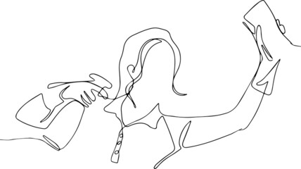 Housewife with rubber gloves on hands sitting on the floor in living room and dusting shelf