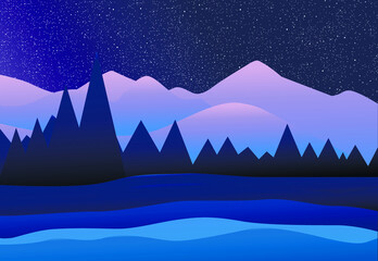 Winter, Christmas or New Year landscape in a flat style. White snowy mountains, dark forest and starry night sky. For a poster, postcard, invitation, or web. EPS 10.