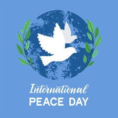 International Peace Day vector square web banner. Peace Day concept decorated by silhouette of planet Earth and flying pigeons with branches.