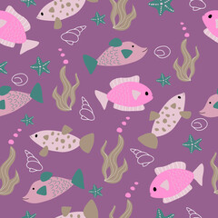 seamless cute fish pattern with shells starfish and corals in the sea.