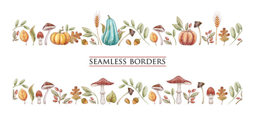 Autumn seamless border. Blue orange pumpkin. Fall leaves, forest mushrooms. Oak acorn, red berry