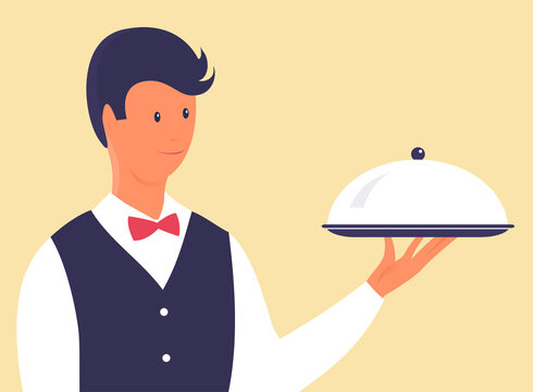 Man waiter with a dish in his hand. Elegant suit and bow tie. Vector cartoon illustration