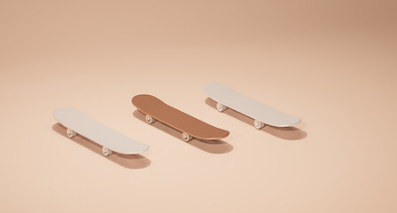 Sport equipment skateboard with golden and pastel beige background. Minimal conceptual with copy space. Different concept idea. Trendy 3d render for social media banners, promotion.