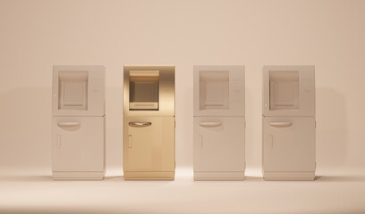 ATM machine business technology with golden and pastel beige background. Minimal conceptual with copy space. Different concept idea. Withdrawal of money. 3d render 