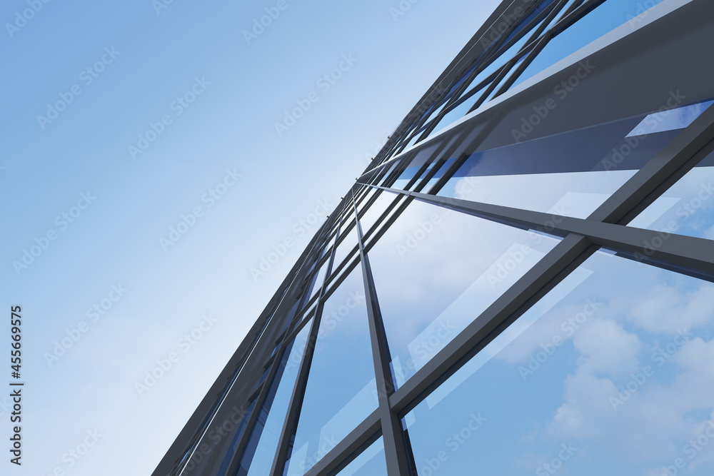 Poster low angle view of futuristic modern architecture, skyscraper of corporate office building, 3d render