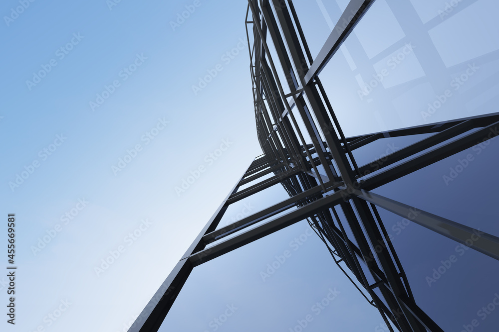 Poster low angle view of futuristic modern architecture, skyscraper of corporate office building, 3d render