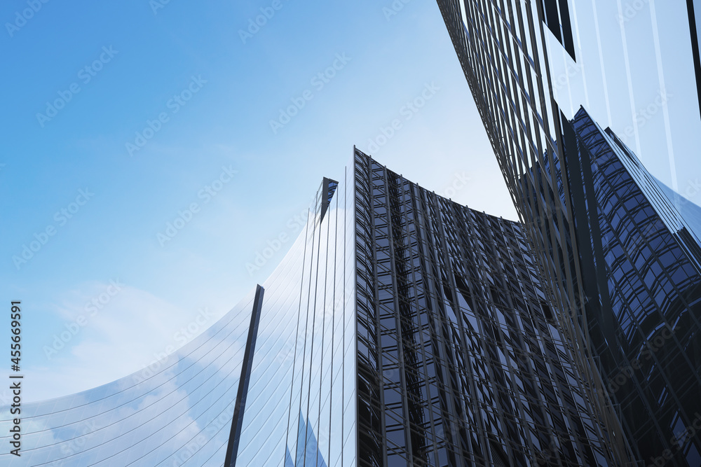Poster low angle view of futuristic modern architecture, skyscraper of corporate office building, 3d render