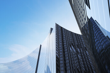 Low angle view of futuristic modern architecture, Skyscraper of corporate office building, 3D rendering.