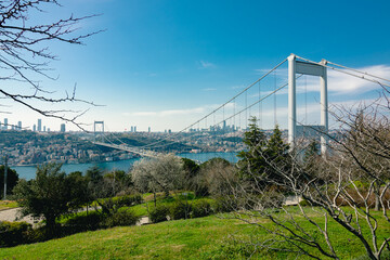 Fatih Sultan Mehmet Bridge in Istanbul from Otagtepe. Istanbul background photo. Travel to Turkey. Turkey background photo. Bosphorus bridges.