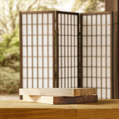 Desk of free space for your decoration and blurred Japan window background. 