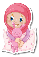 A sticker template with muslim girl hugs a pillow and rabbit doll