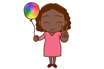 ＜全身・正面＞レインボーカラーの風船を持ってピースと笑顔で平和を願うアフリカ系女性