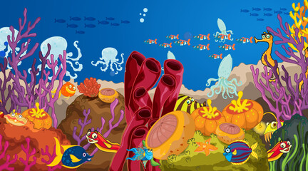 Underwater scene with sea animals and tropical coral reef