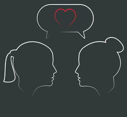 Linear silhouettes. Portraits. Dialogue of two  women. Girls. Speech bubble with heart. Girls lovers. Women are in dialogue. Women in love. Lesbians.