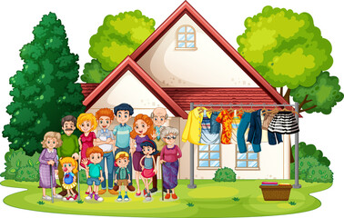 Big family standing outside home isolated