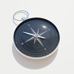 Magnetic compass on flat surface. Needle points towards north-west. 3D rendering illustration. 