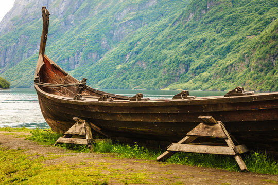 Old wooden viking boat in norwegian nature