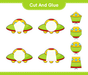 Cut and glue, cut parts of Ufo and glue them. Educational children game, printable worksheet, vector illustration