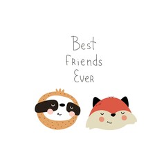 best friends ever. cute cartoon sloth, fox, hand drawing lettering. flat style, colorful vector illustration for kids. baby design for cards, poster decoration, t-shirt print