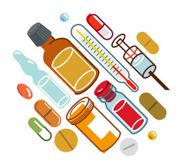 Pharmacy drugs apothecary bottles and pills and ampules, big composition set of medicaments vector flat illustration isolated, health care and healing medical theme design.